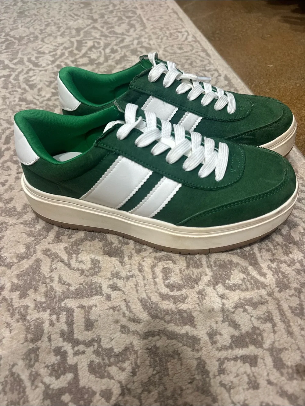 Madden Girl Green Suede Platform Sneakers with White Stripes